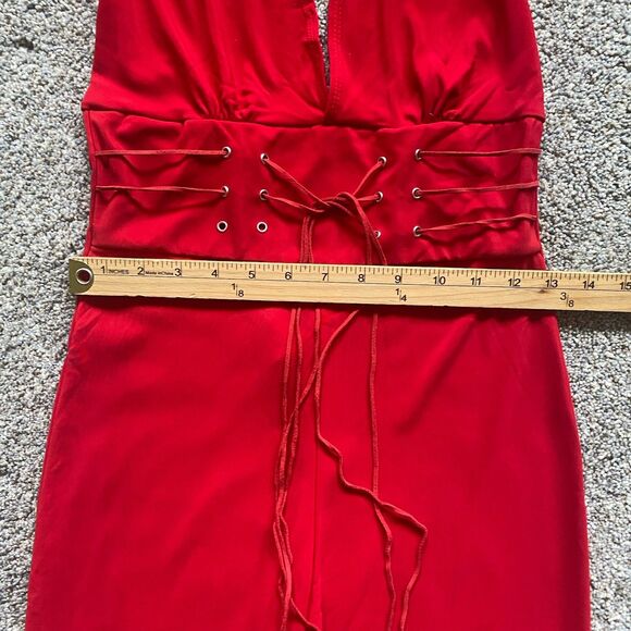 Vintage Y2K Hi Sense Halter Neck Flared Jumpsuit M Red Stretch Glam Festive - Picture 8 of 14